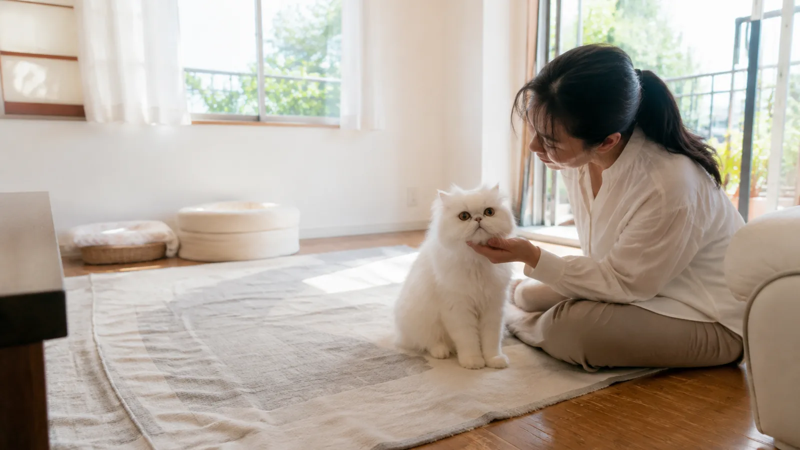 正面を向いて座る、鼻づらがとても短く平らで大きな丸い目の白い長毛猫と、顎の下に手を添えて隣に座る女性