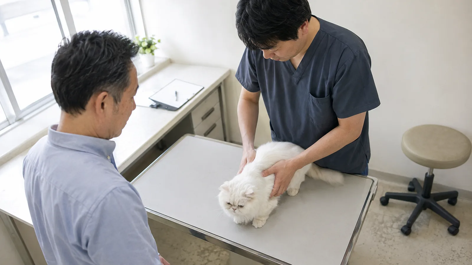 診察台の白い長毛猫の体の両脇に手を添える獣医師と、そばで見守る男性