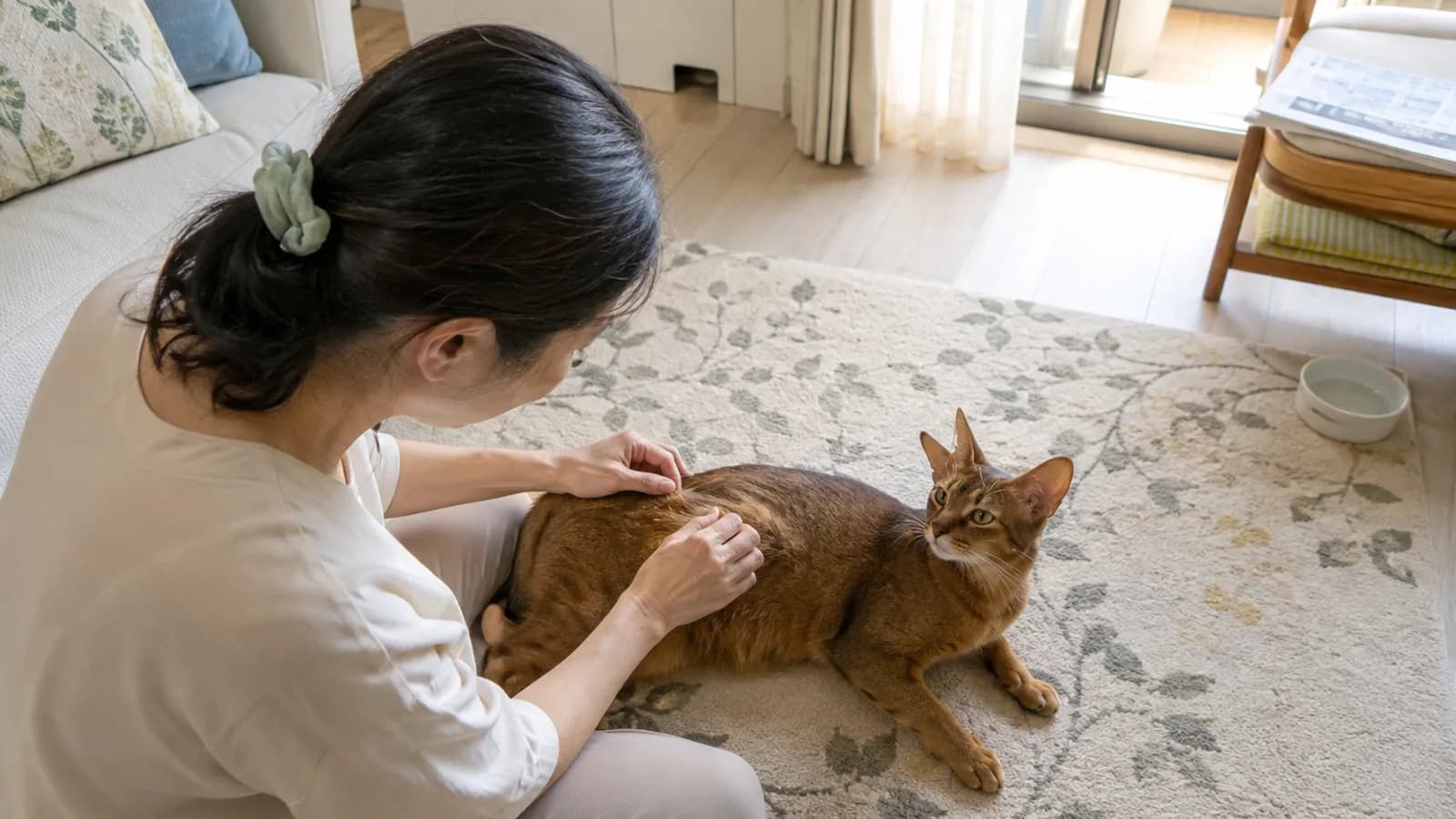 ラグに伏せたアビシニアンの背中の毛を指先で左右に分け、根元が淡く毛先が濃い1本ごとの毛を近くから見る女性