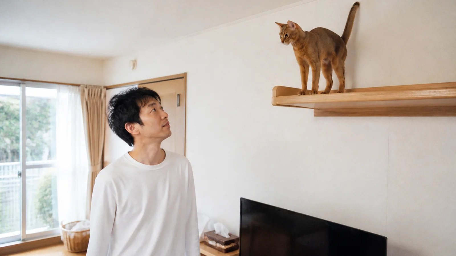 高い木の棚に登って尾を立て、部屋を見下ろすアビシニアンと、床から見上げる男性
