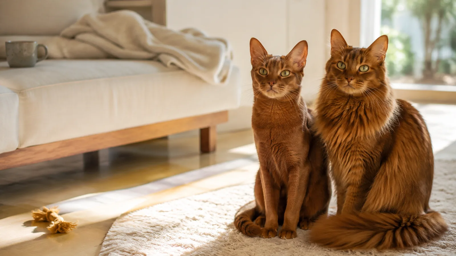 淡いラグに並んで座る同じ毛色の2匹の猫。左は体に沿った短い被毛、右は厚い襟毛とふさふさの尾を持つ長い被毛