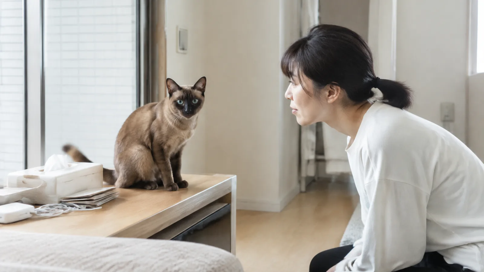 窓辺の低いテーブルに正面を向いて座る体色の濃いトンキニーズと、同じ高さまで顔を寄せて見る女性。猫の青緑の目がはっきり見える