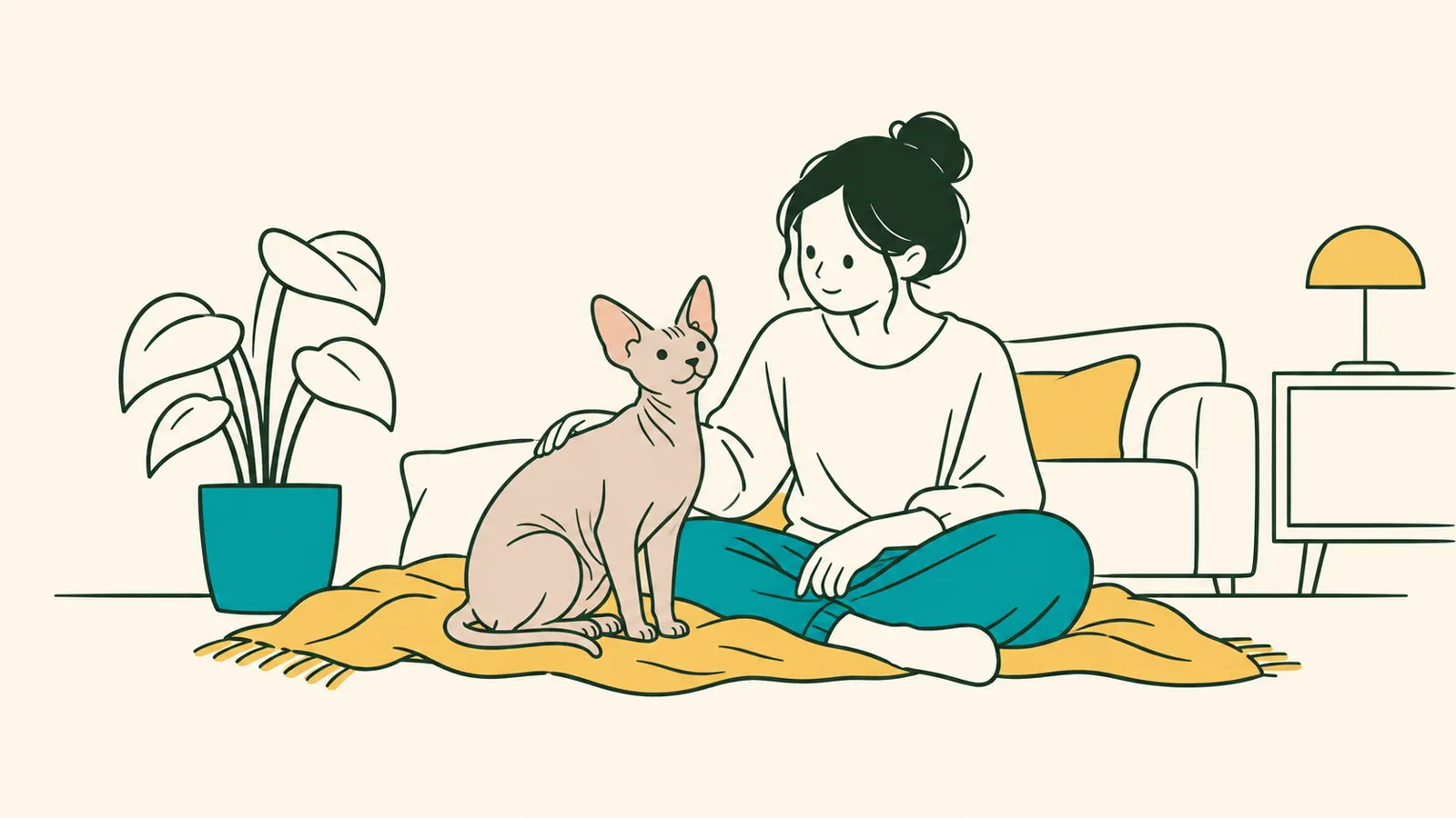 イラスト:明るい部屋で毛布の上に座る毛のない猫と、手を添える家族