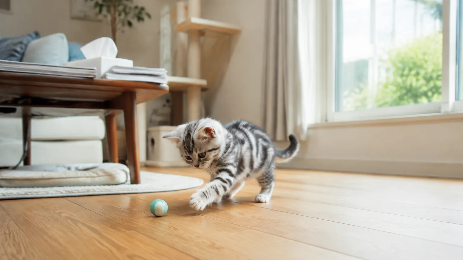 明るい床で1頭だけで小さなボールに前足を伸ばしている、シルバータビーの子猫