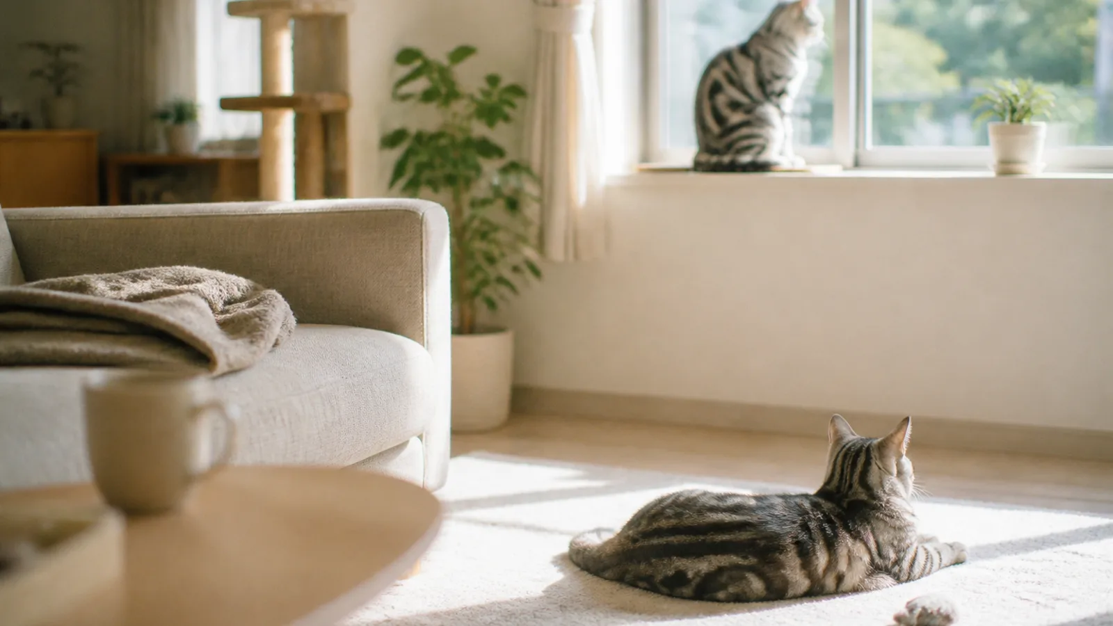 同じ部屋の離れた場所にいる2頭のシルバータビーの猫。1頭は窓台で外を見て、もう1頭はラグの上で反対を向いて伏せている