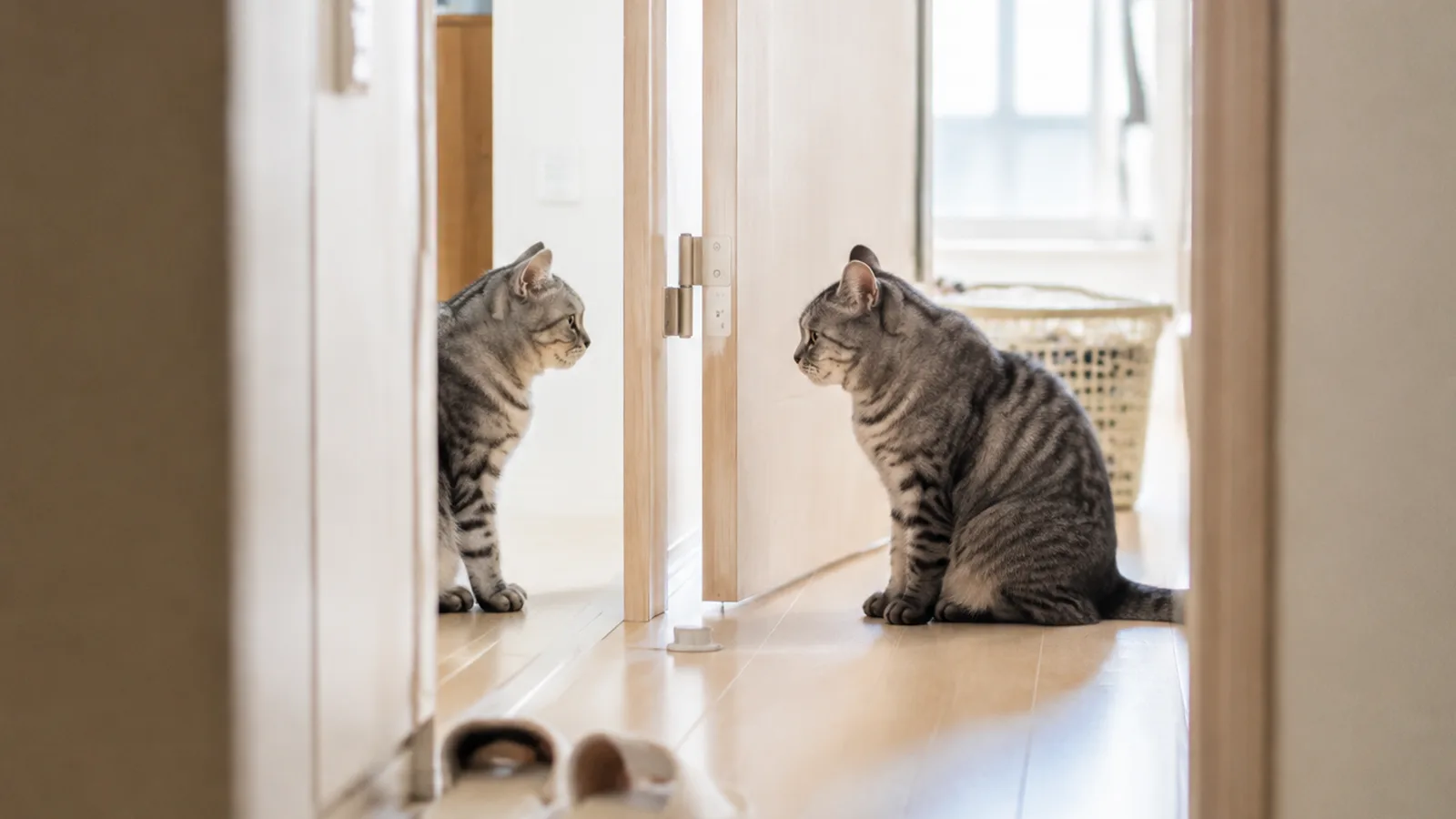 少しだけ開いたドアのすき間ごしに、両側から互いを見ている2頭のシルバータビーの猫