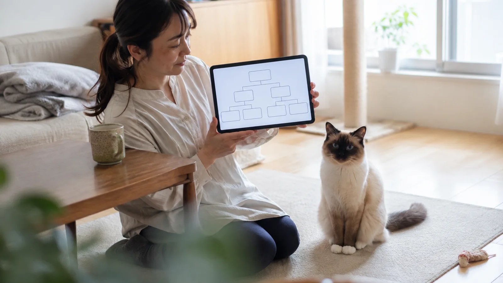 床でタブレットの家系図の画面を見せる女性と、そばのラグに前脚をそろえて座るバーマン。2本の白い前足がそろって見える
