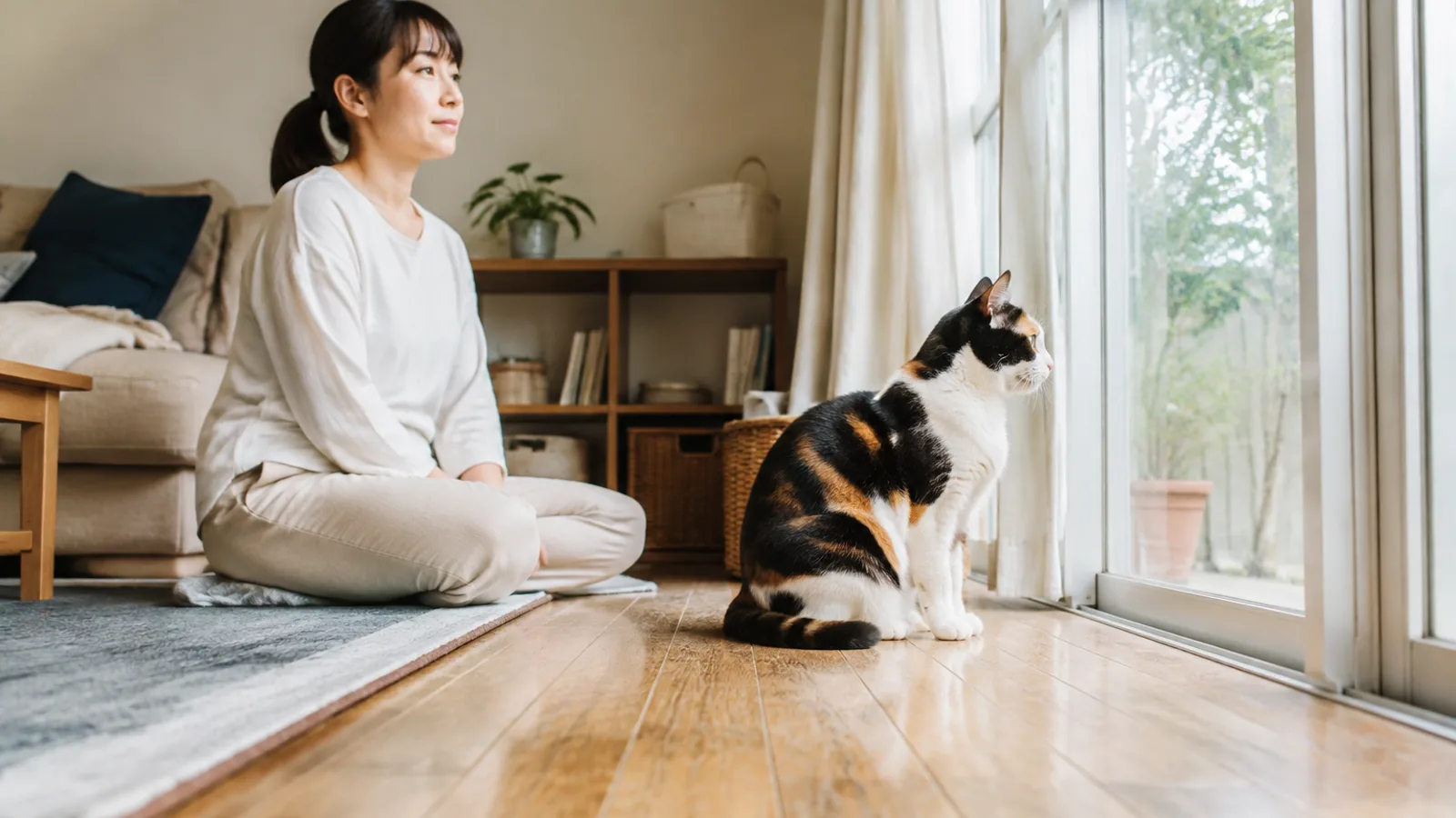 明るい床に背筋を伸ばして座り、窓の外を見ている黒・茶・白の三毛猫と、少し後ろの床に座る女性