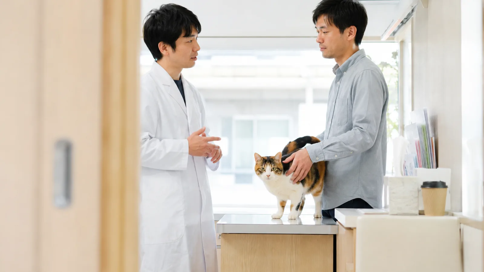 動物病院の診察台に立つ三毛猫の背に手を置いた男性と、向かい合って話している獣医師