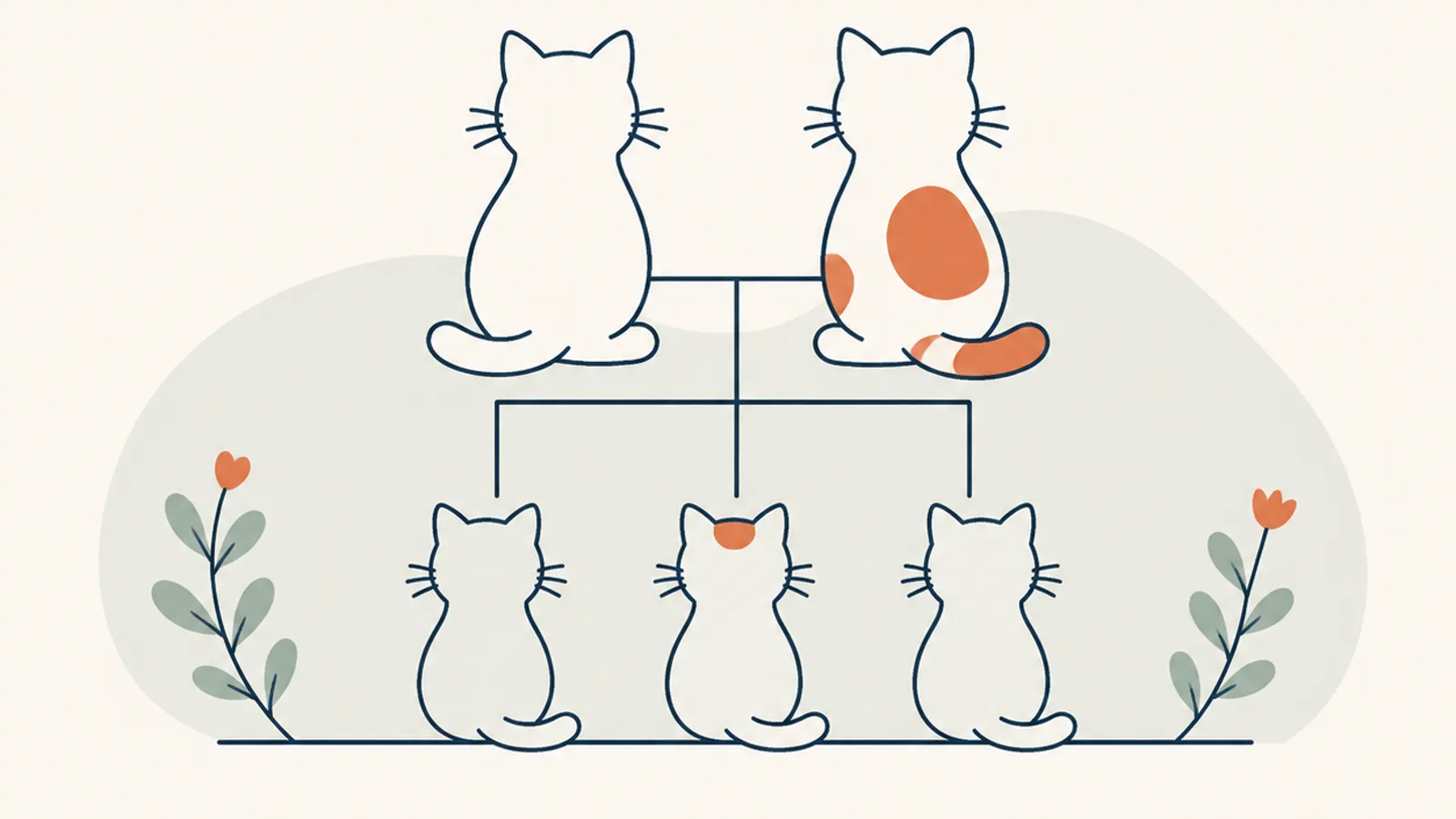 イラスト。上に並ぶ、輪郭だけで描かれた猫と大きな斑のある猫から細い線が下り、斑の有無が違う3頭の子猫につながっている