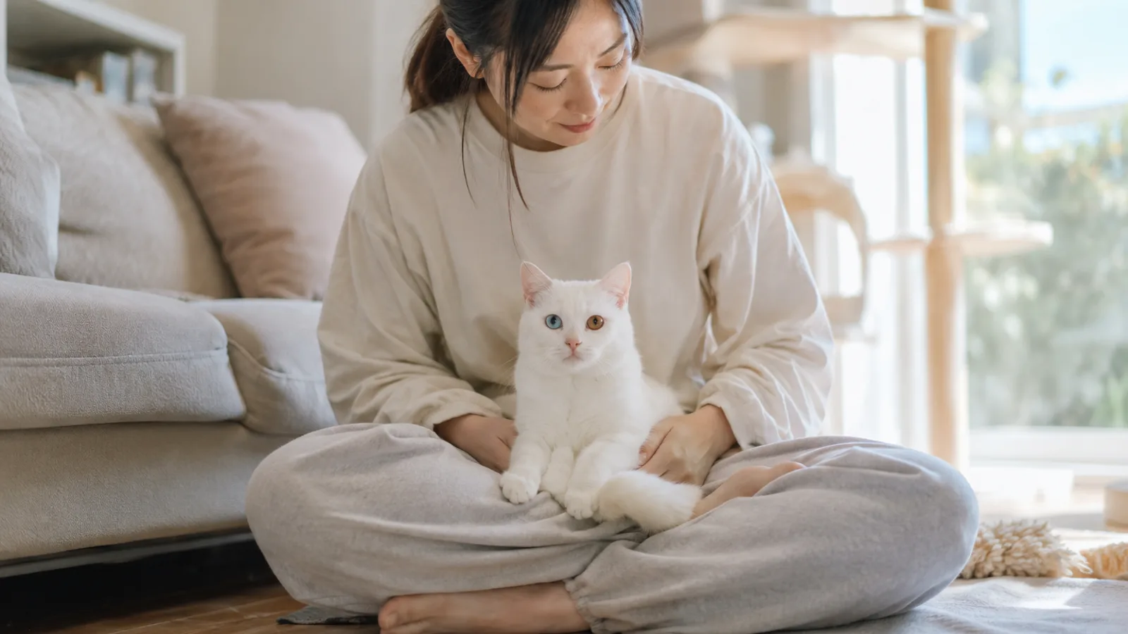 床に座った女性のひざの上で正面を向く、片目が青でもう片方が琥珀色の白い猫