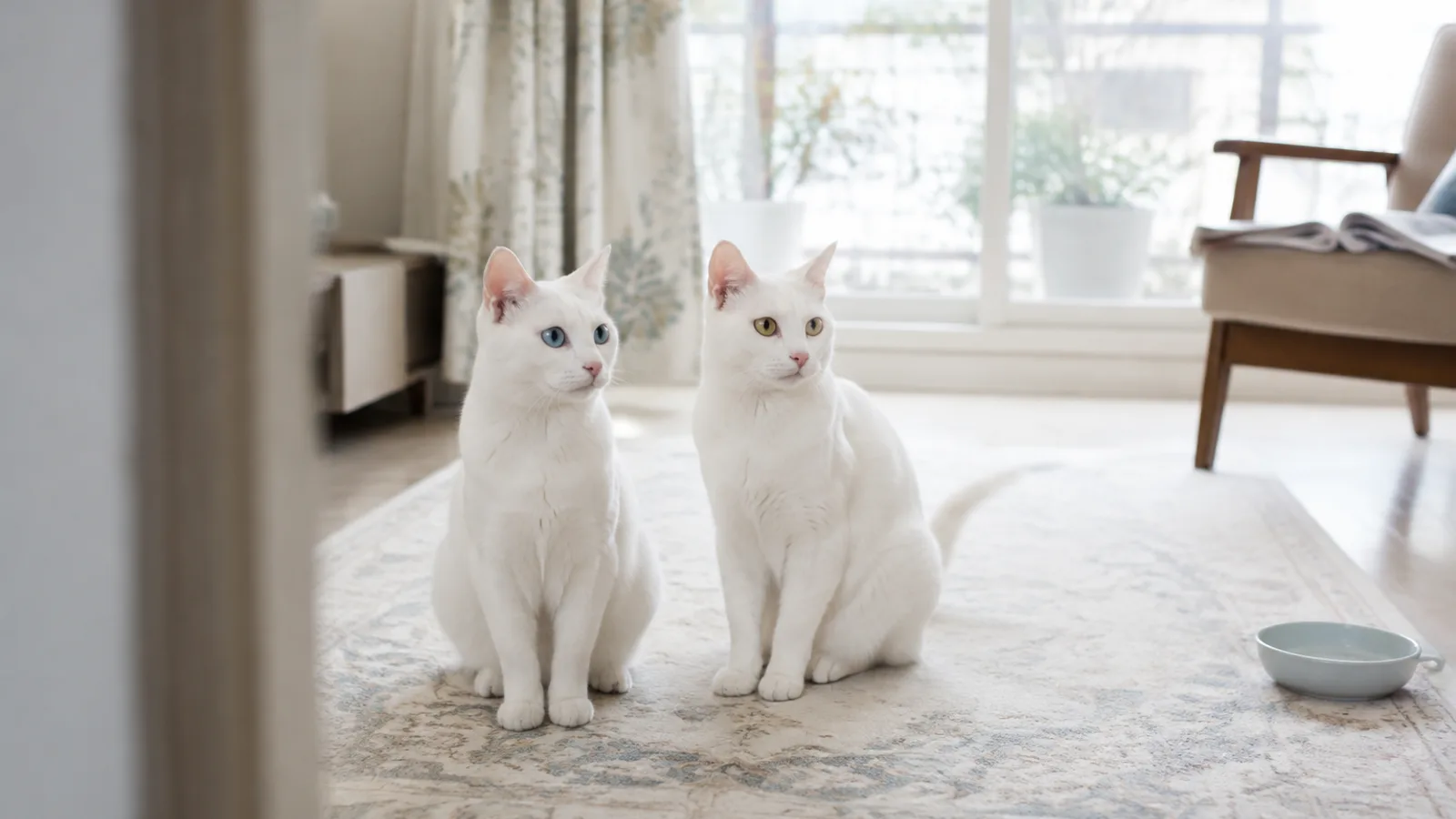ラグに並んで座る白い短毛の猫2頭。左は両目が青、右は両目が金色