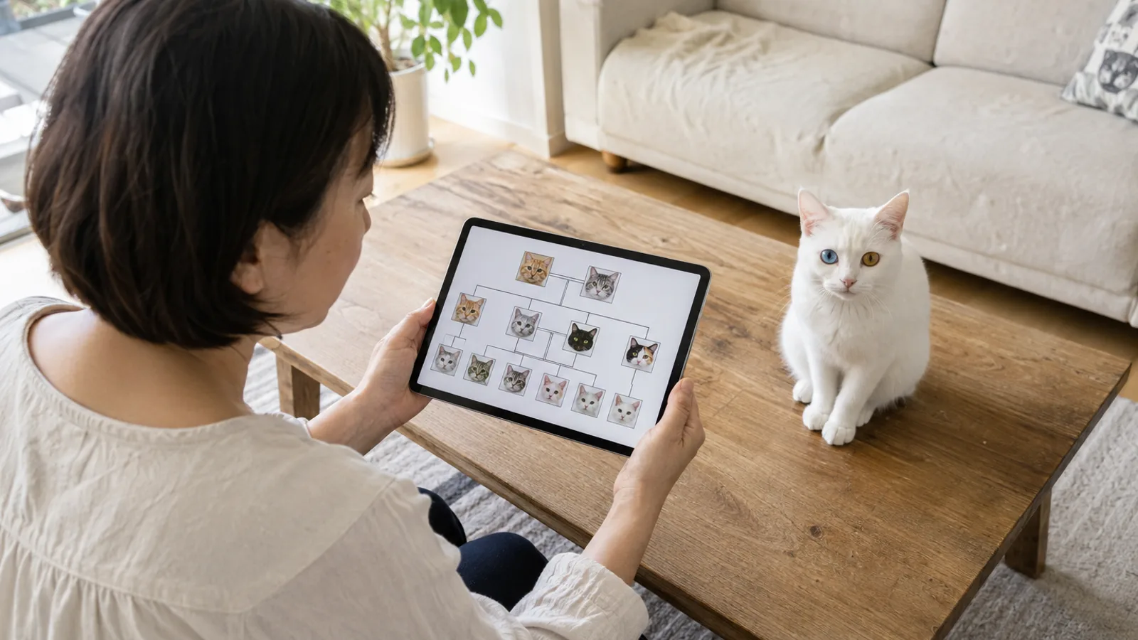 タブレットの画面で猫の顔写真を線でつないだ家系の図を見る女性と、横に座る白い猫