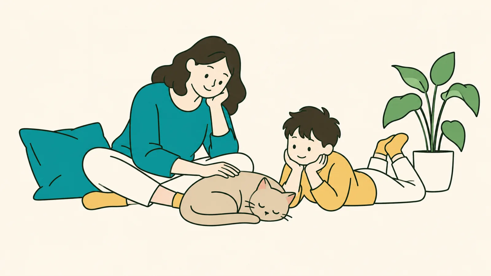 イラスト:明るいリビングの床で、親と子どもが並んで座り、そばで短毛の猫が丸くなって眠っている