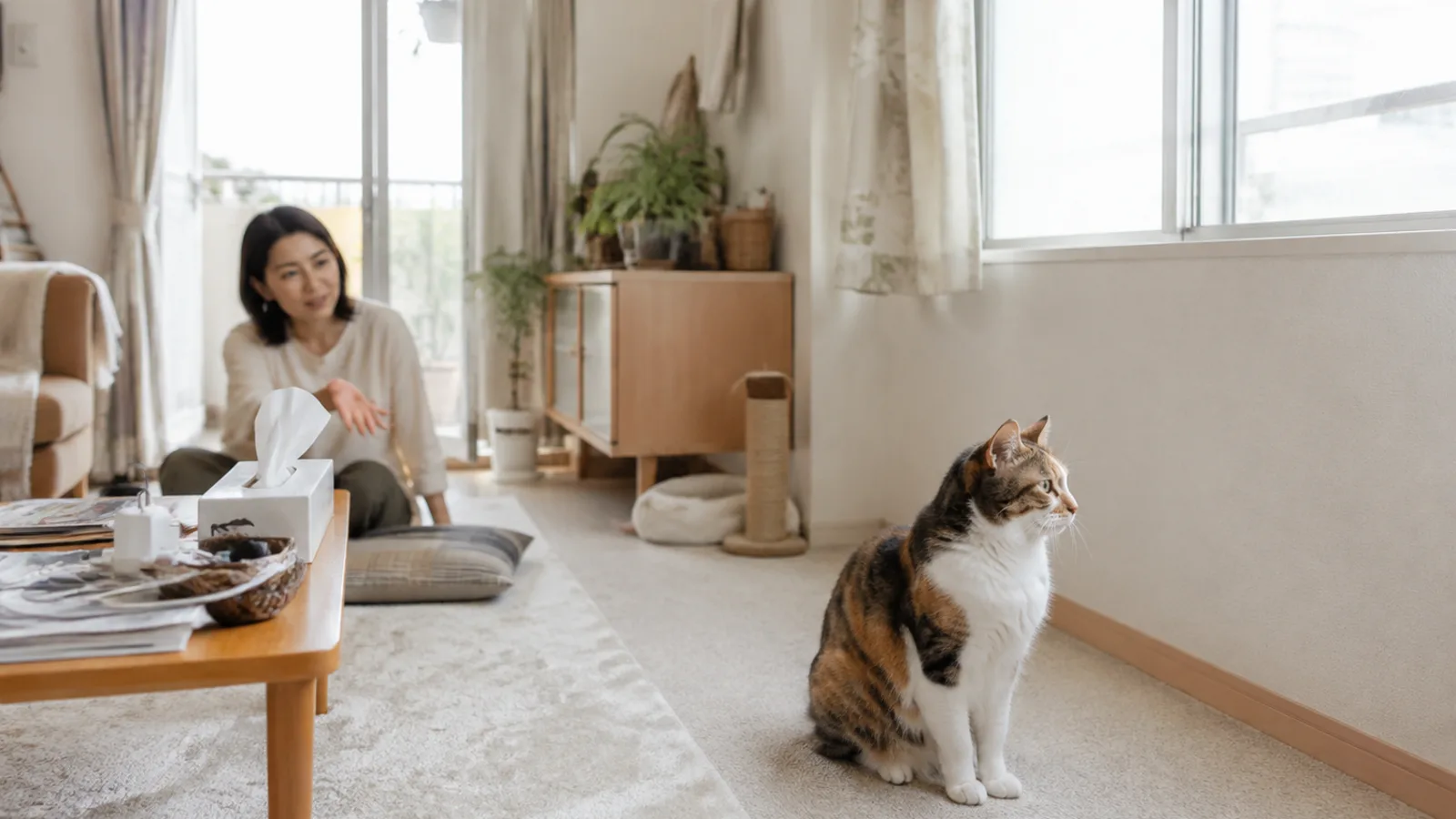 窓のほうを向いて座り、振り向かない三毛猫と、少し離れた床から声をかけている女性