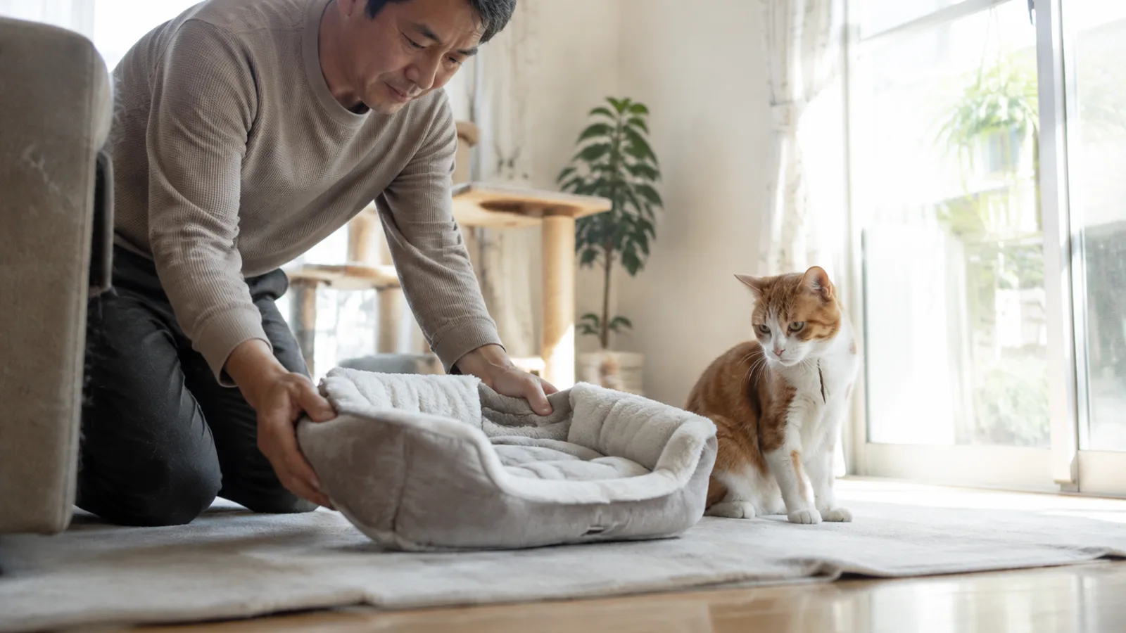 床に厚みのある猫用ベッドを両手で置き直す男性と、すぐそばで見ている茶白の猫