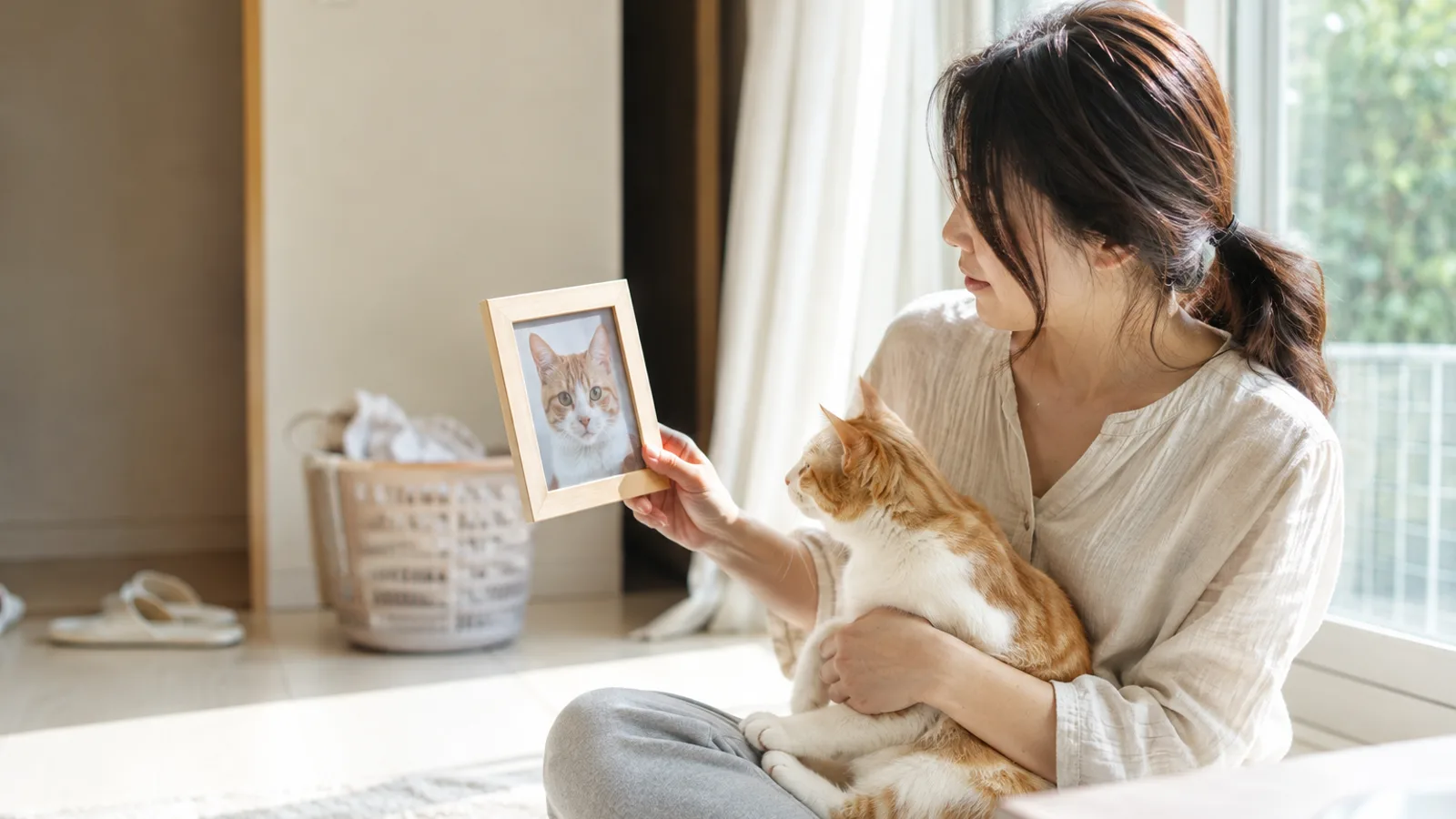 窓ぎわの床に座り、膝に茶白の猫を乗せたまま、猫の顔の写真が入った木の写真立てを手に持って見ている女性