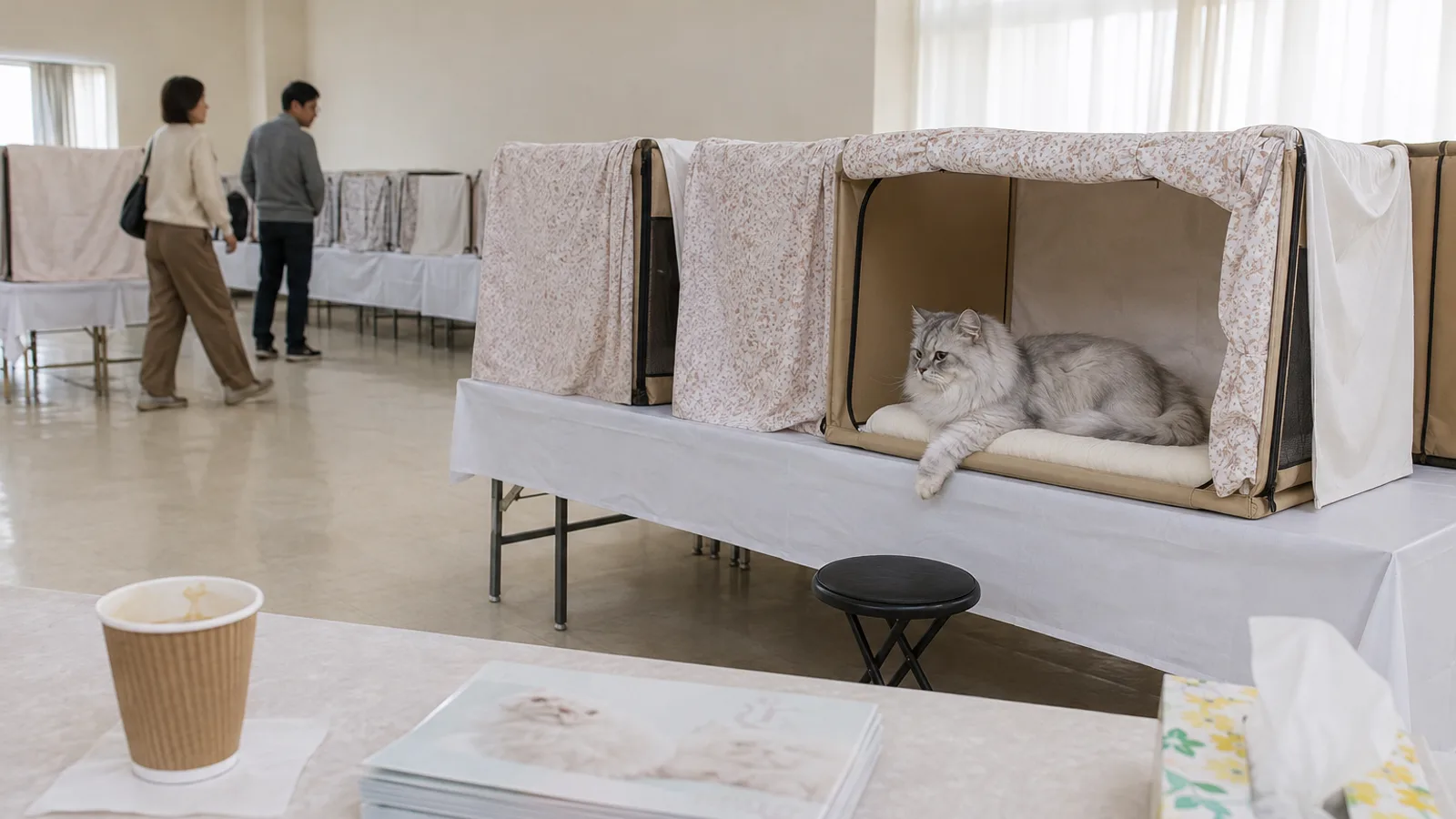 白い布をかけた長机に並ぶ布飾りの展示ケージの中でくつろぐ長毛のシルバーの猫と、その前に置かれた空の折りたたみスツール