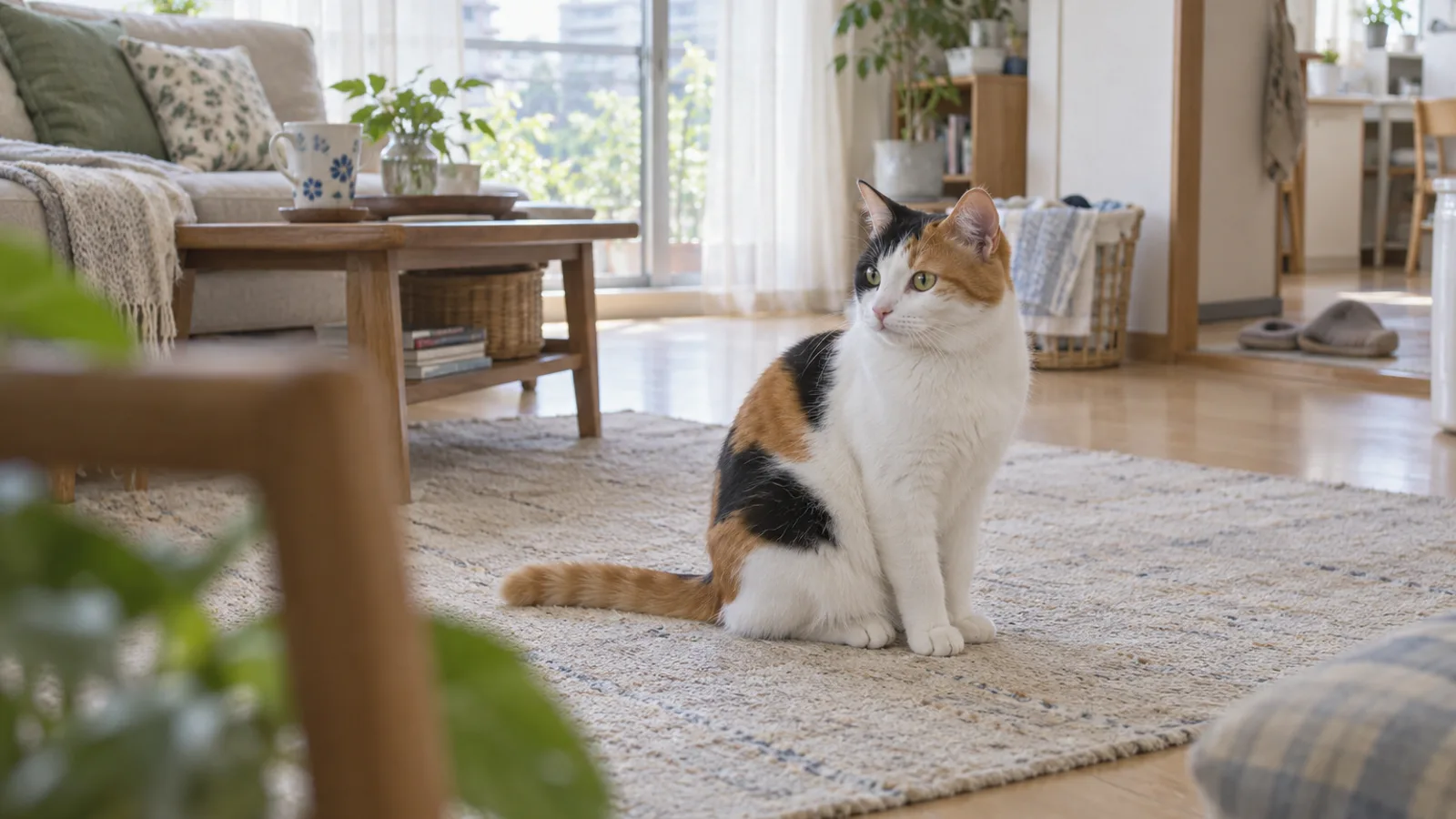 明るい部屋のラグに座り、顔を横に向けた白・黒・茶の三毛の猫