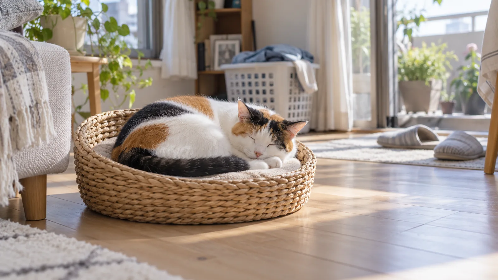 日だまりの床の籠ベッドで丸くなって休む、白が多めの三毛の猫