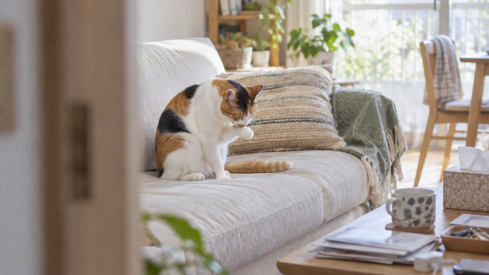 日当たりのよいソファで前足をなめて毛づくろいをする三毛の猫