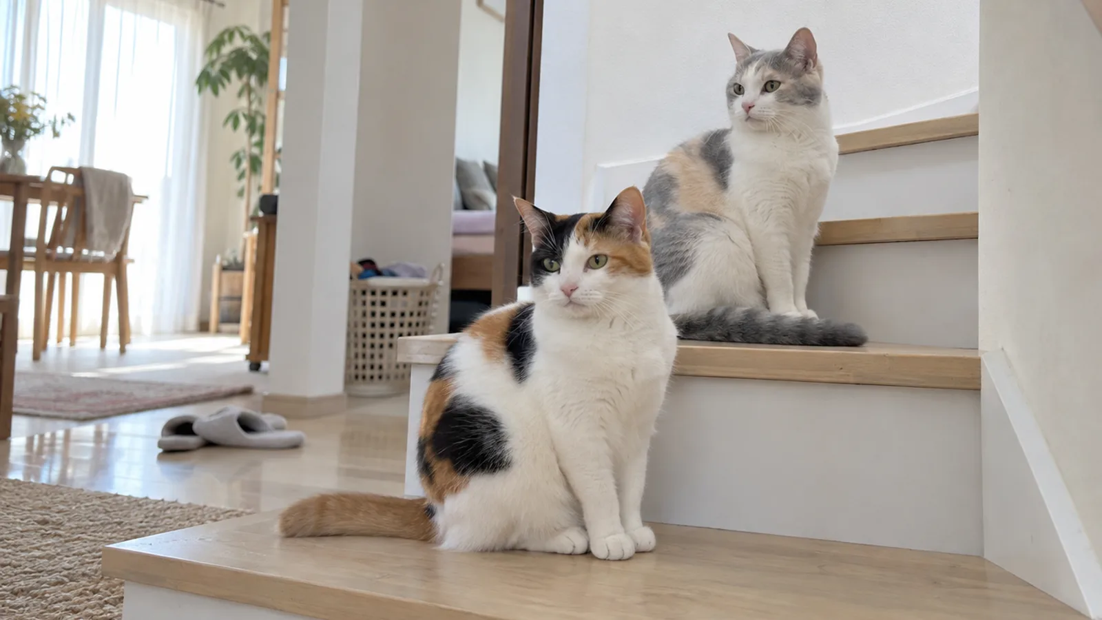 階段に並んで座る、白が多い三毛の猫と、グレー・うす茶・白の色合いの三毛の猫