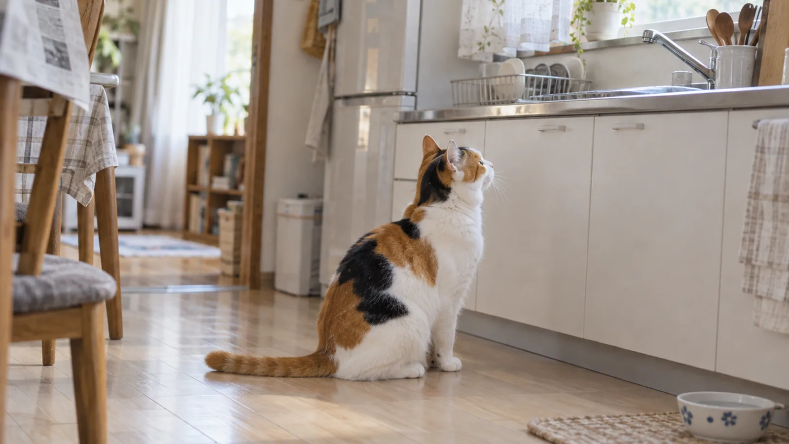 明るいキッチンの床に座り、窓の外を見上げる三毛の猫