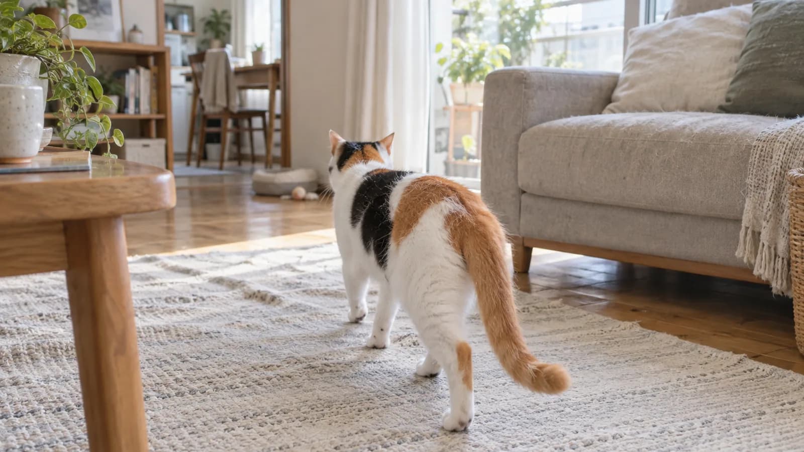 明るい部屋のラグの上を、後ろ向きに歩いていく猫。背中に白・黒・茶の斑が見える