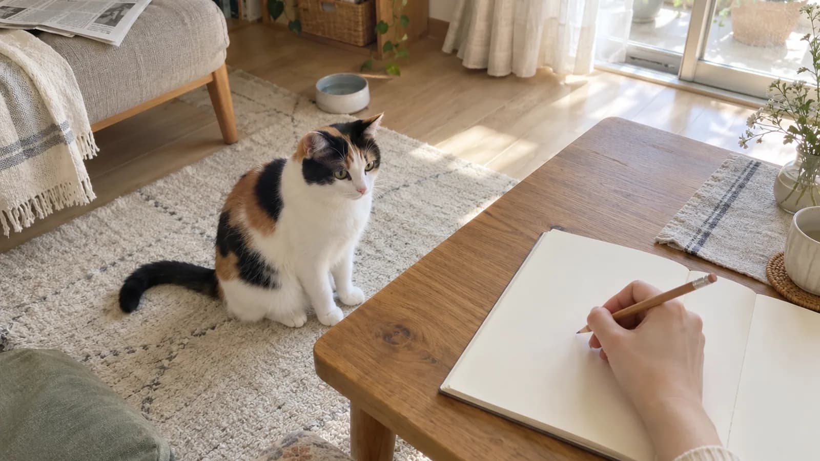 テーブルの白紙のノートに鉛筆で書き込む手と、そばのラグに座ってこちらを見る三毛の猫