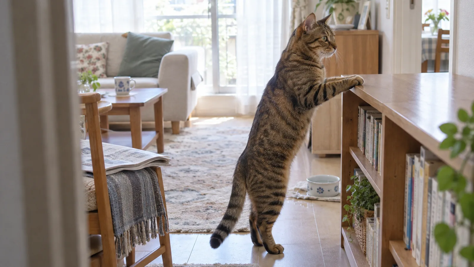 本棚の天板に前足をかけて立つキジトラ。脚としっぽに輪の縞がある