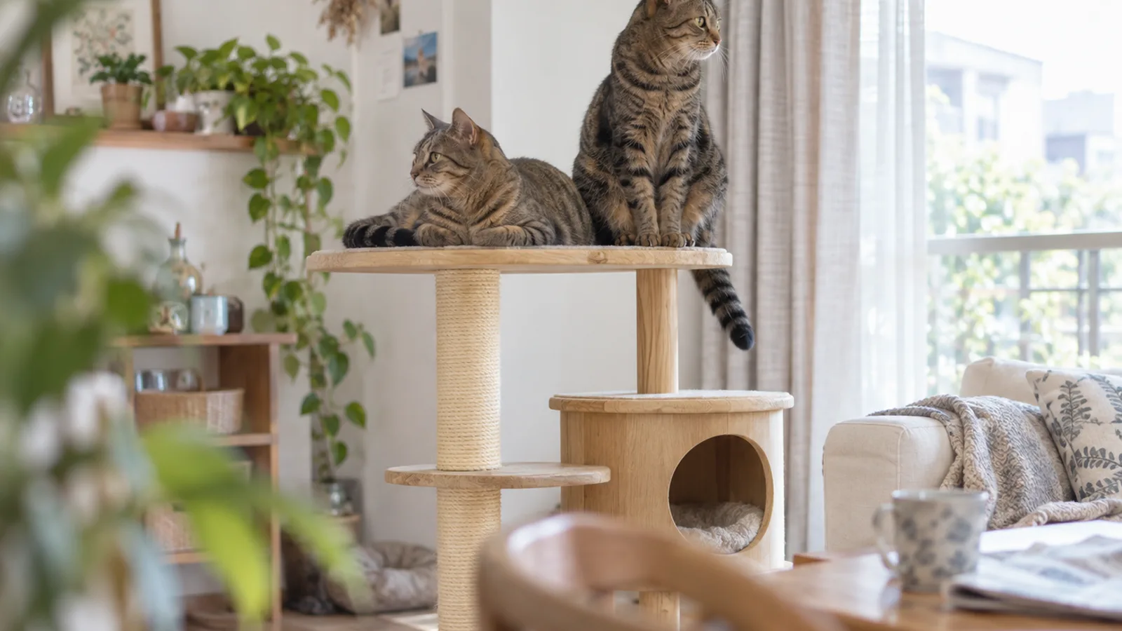 キャットタワーの上の台にいる2匹のキジトラ。縞の濃さが少し違う