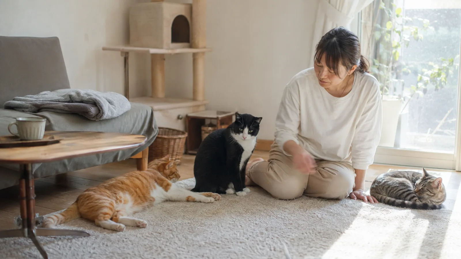 リビングの床でくつろぐ3頭の雑種猫。手前で体を伸ばす茶と白のぶち、真ん中で座る顔と胸の白い黒白、窓ぎわで丸くなる縞のキジトラ。柄も毛色もそれぞれ違う。そばに女性が床に座っている