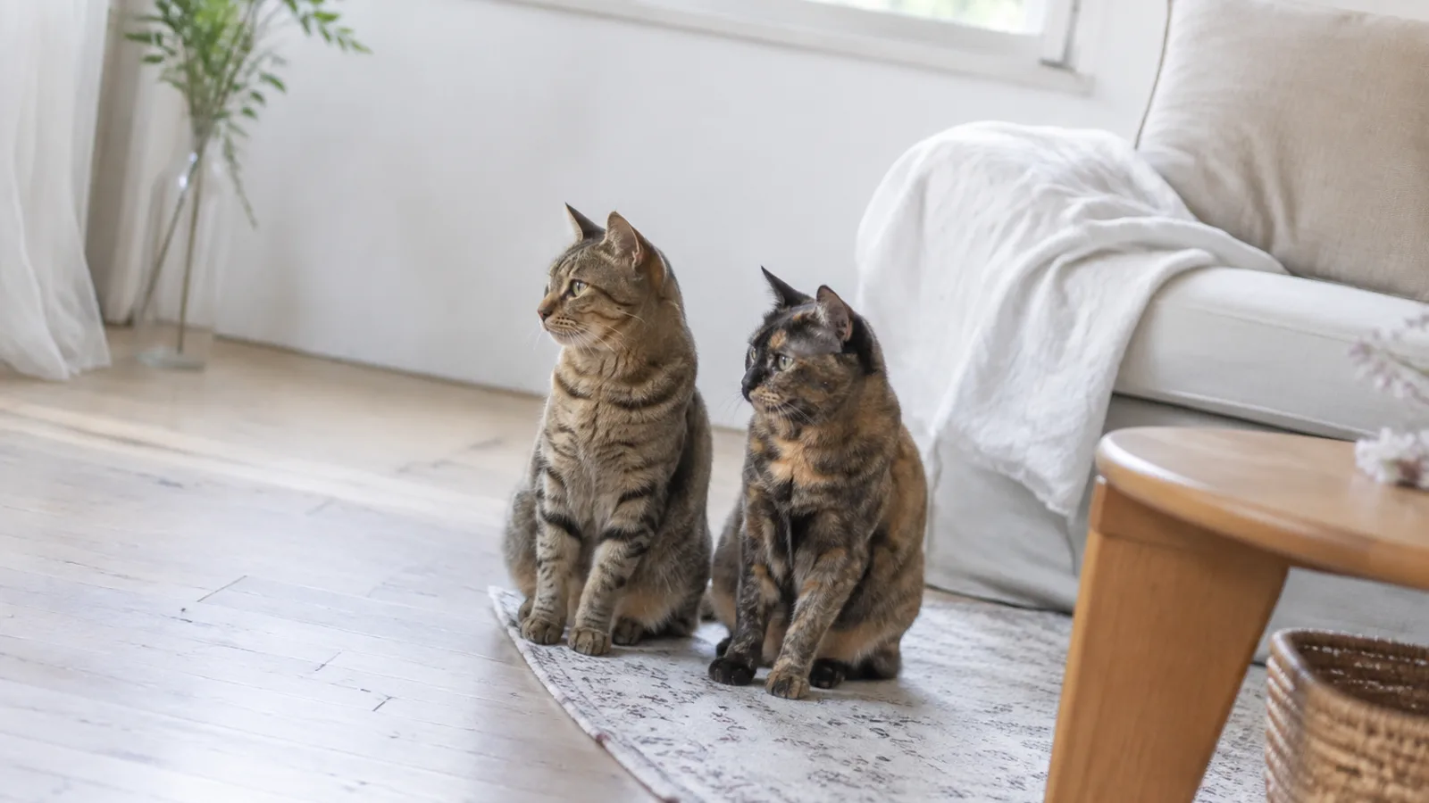窓辺の床に並んで座る、細い縞のキジトラ猫と黒と茶がまだらに混ざった猫