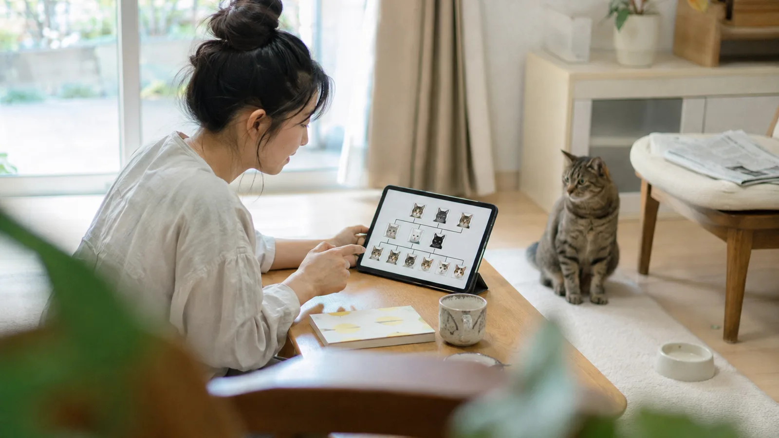 タブレットの画面で柄の違う猫の顔写真を線でつないだ家系の図を見る女性と、横に座るキジトラ猫