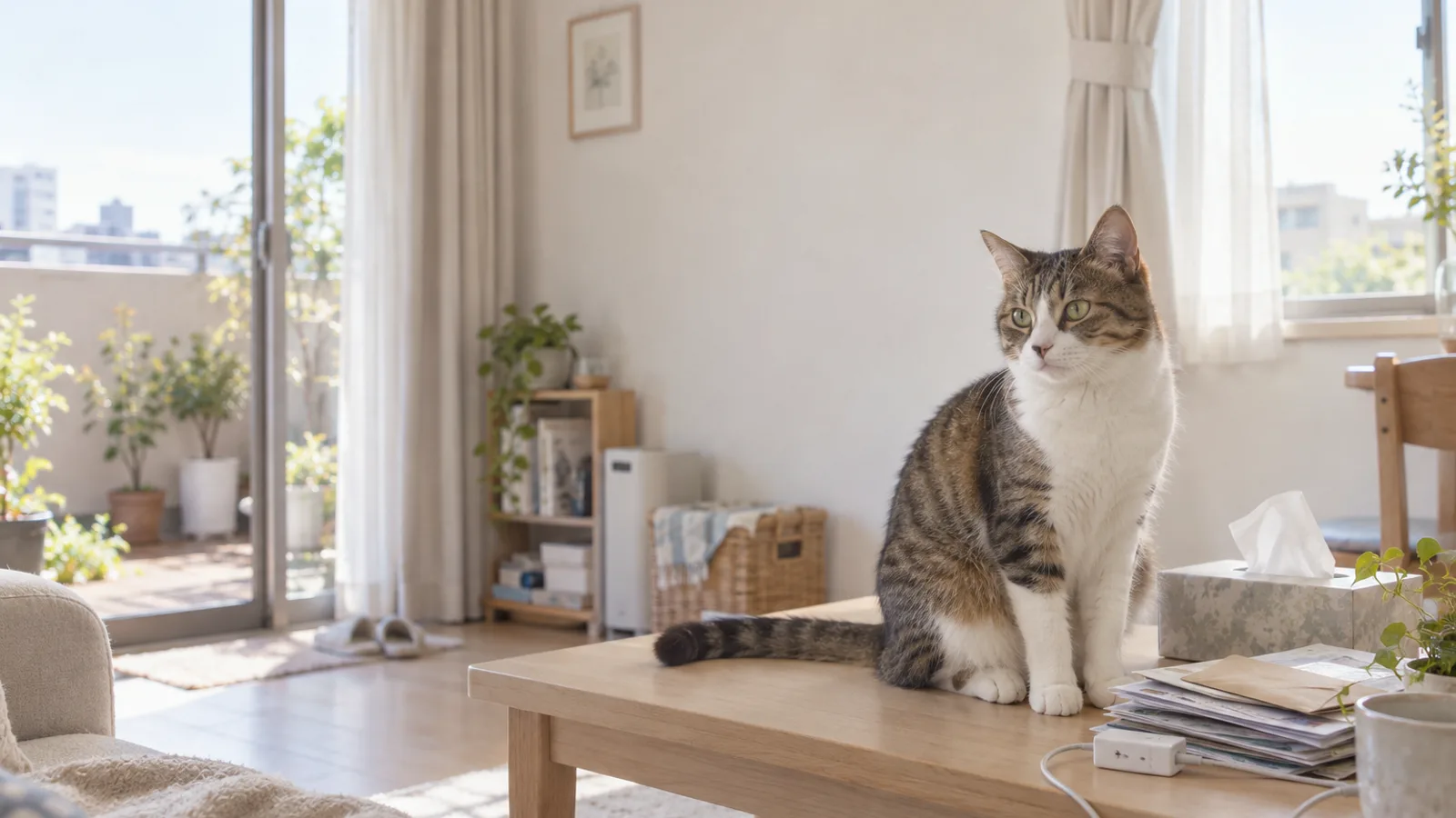 明るい部屋の低い木のテーブルの上に座る、額の縞の間に鼻筋の白い筋が入ったキジ白の猫