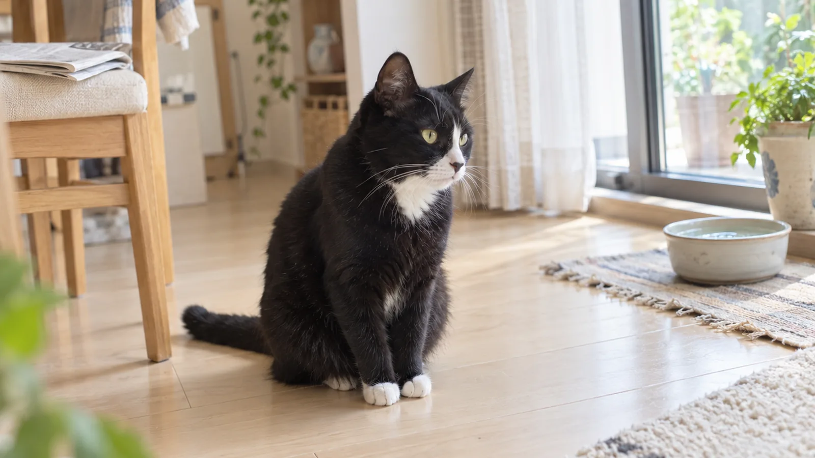 明るい部屋の床に座る、ほとんど黒で、鼻筋と口まわり・胸の一部・前足の先だけが白い猫