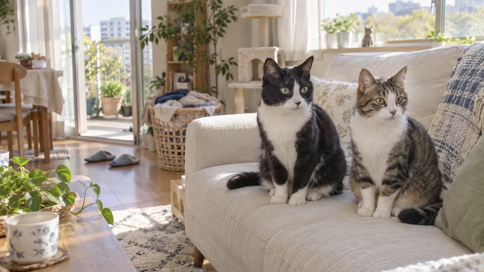 明るいリビングのソファに並んで座る、黒白の猫とキジ白の猫。どちらも額の色が鼻筋の白で左右に分かれている