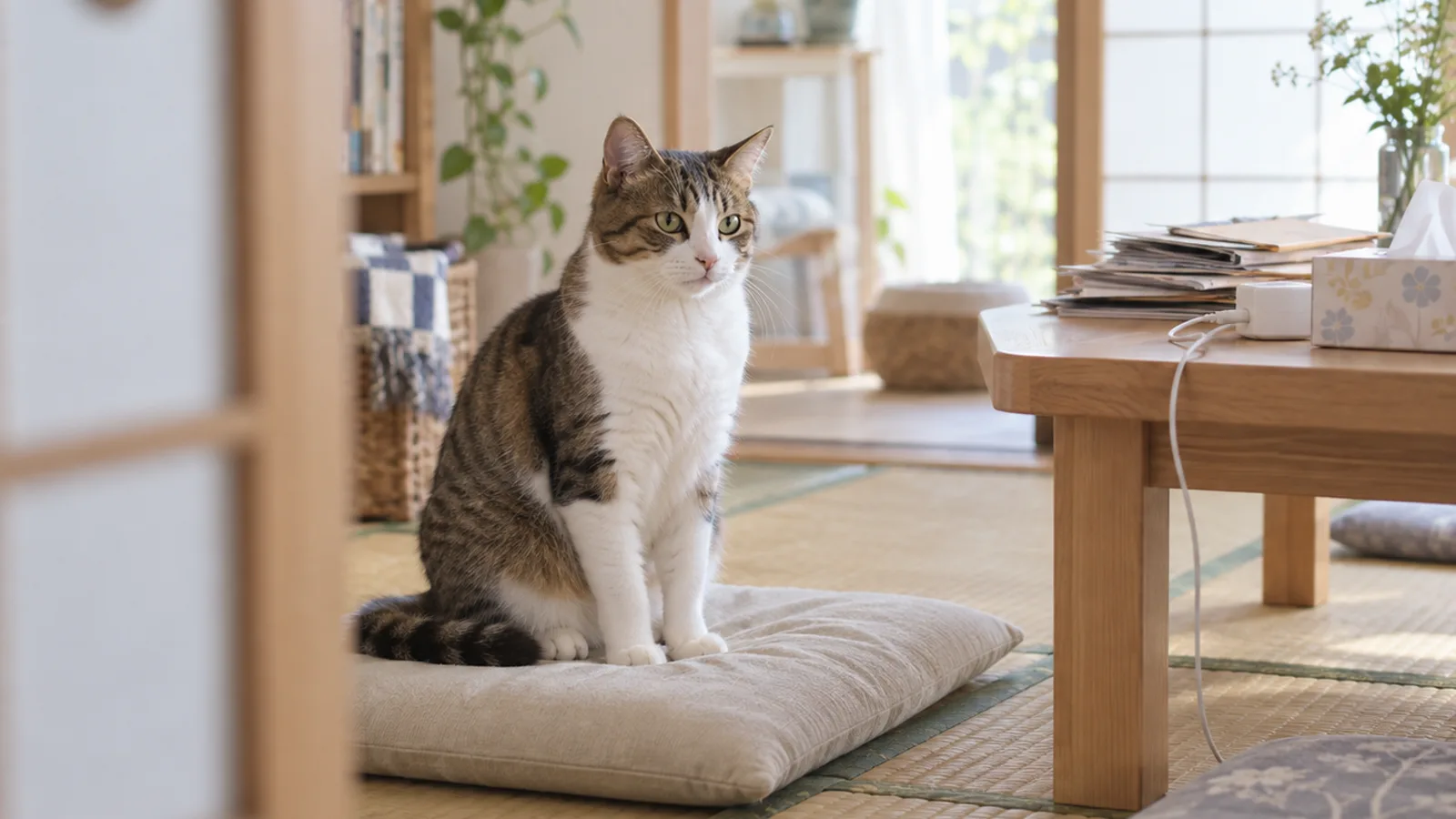 明るい和室の座布団に座る、胸と前足が白いキジ白の猫。額の縞が鼻筋の白い筋で左右に分かれている
