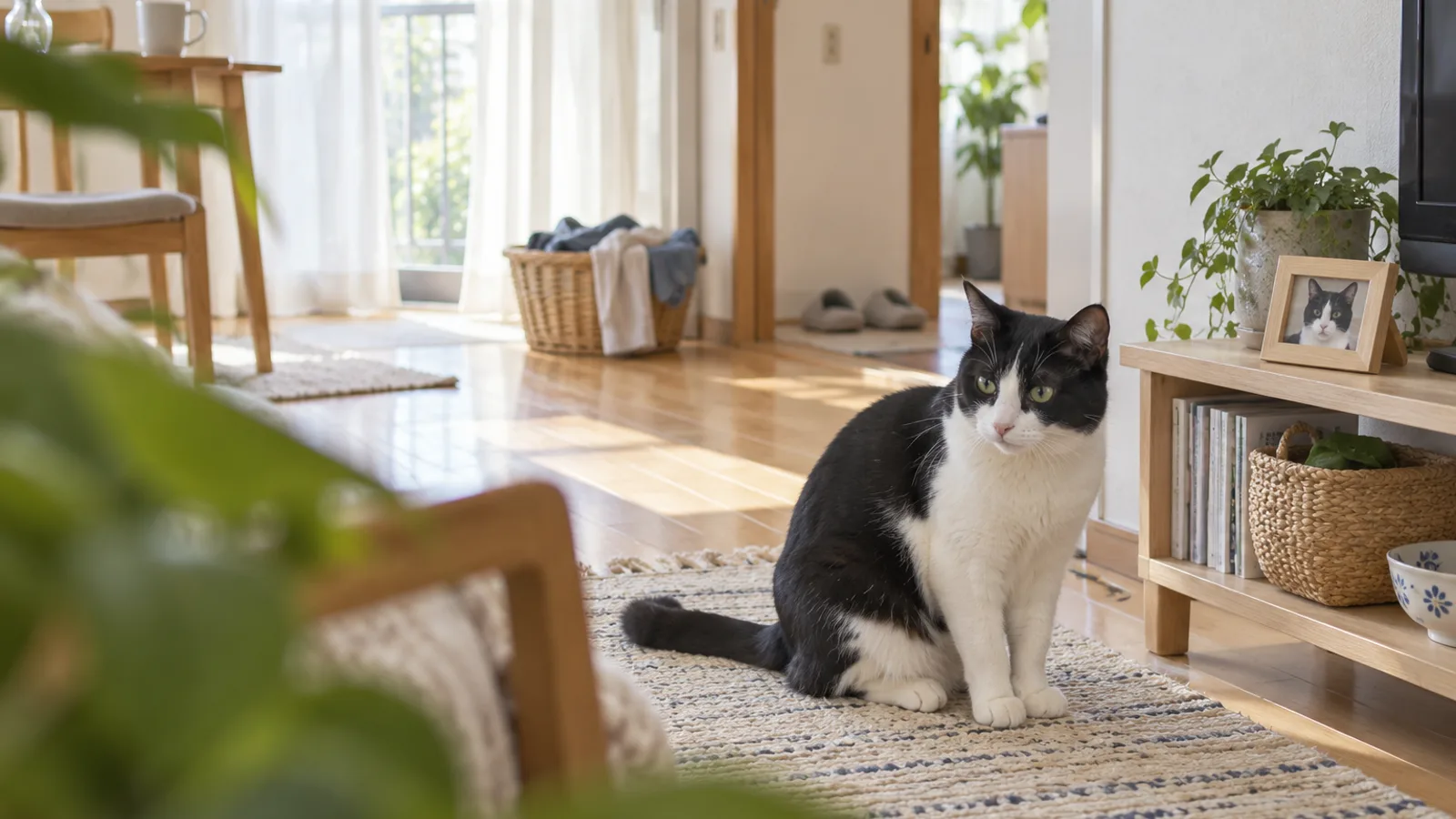 棚の上の写真立てと、その手前のラグに座る黒白の猫