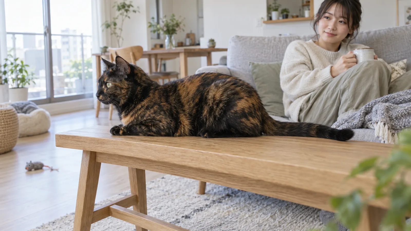 木のベンチの上に伏せるサビ猫。黒と赤茶が細かく混ざる。奥で人が見守る