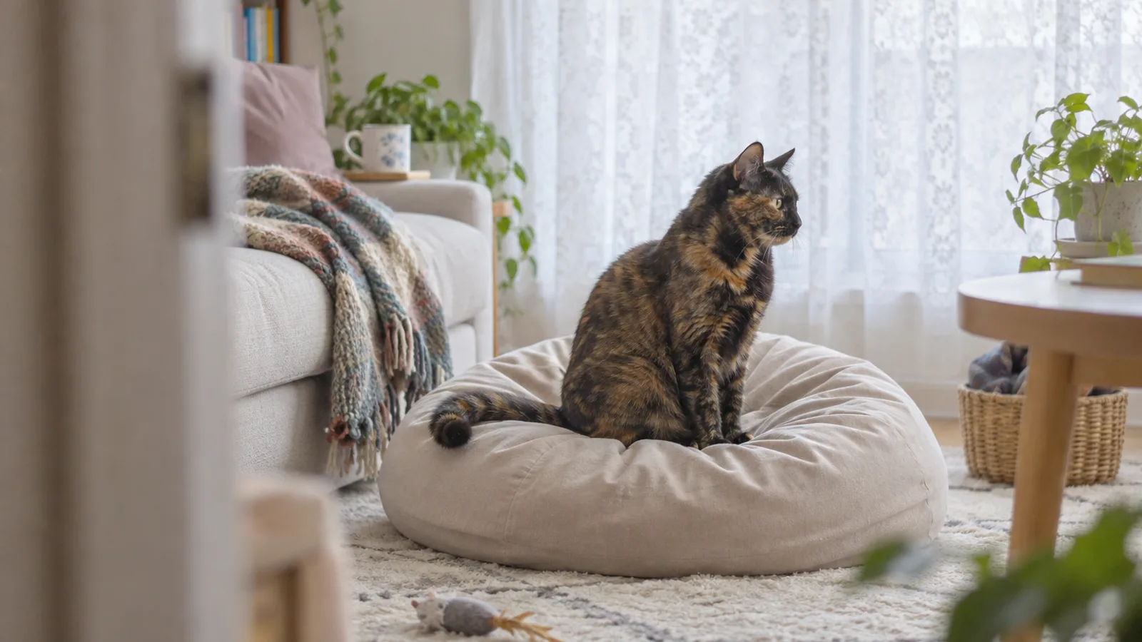 白いカーテンの前で、ビーズクッションに座るサビ猫