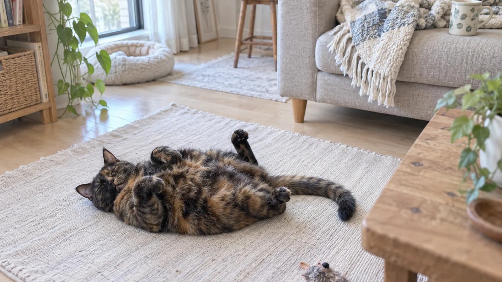 おなかを上にして寝ころぶサビ猫。おなかも黒と赤茶