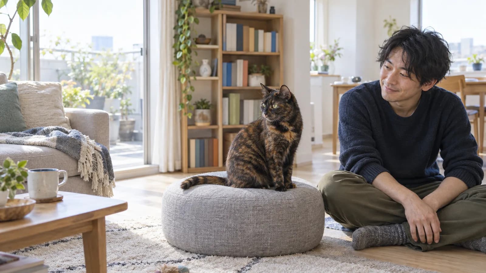 本棚の前の低いスツールに座るサビ猫。そばで人が見守る