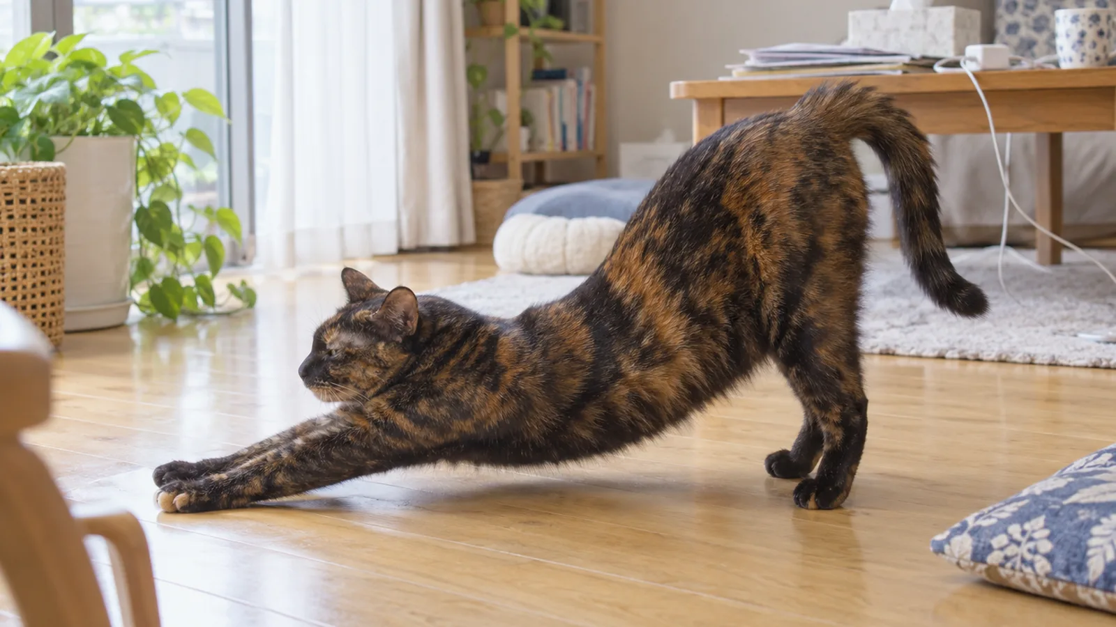 木の床で伸びをするサビ猫。黒と赤茶の斑の入り方が見える