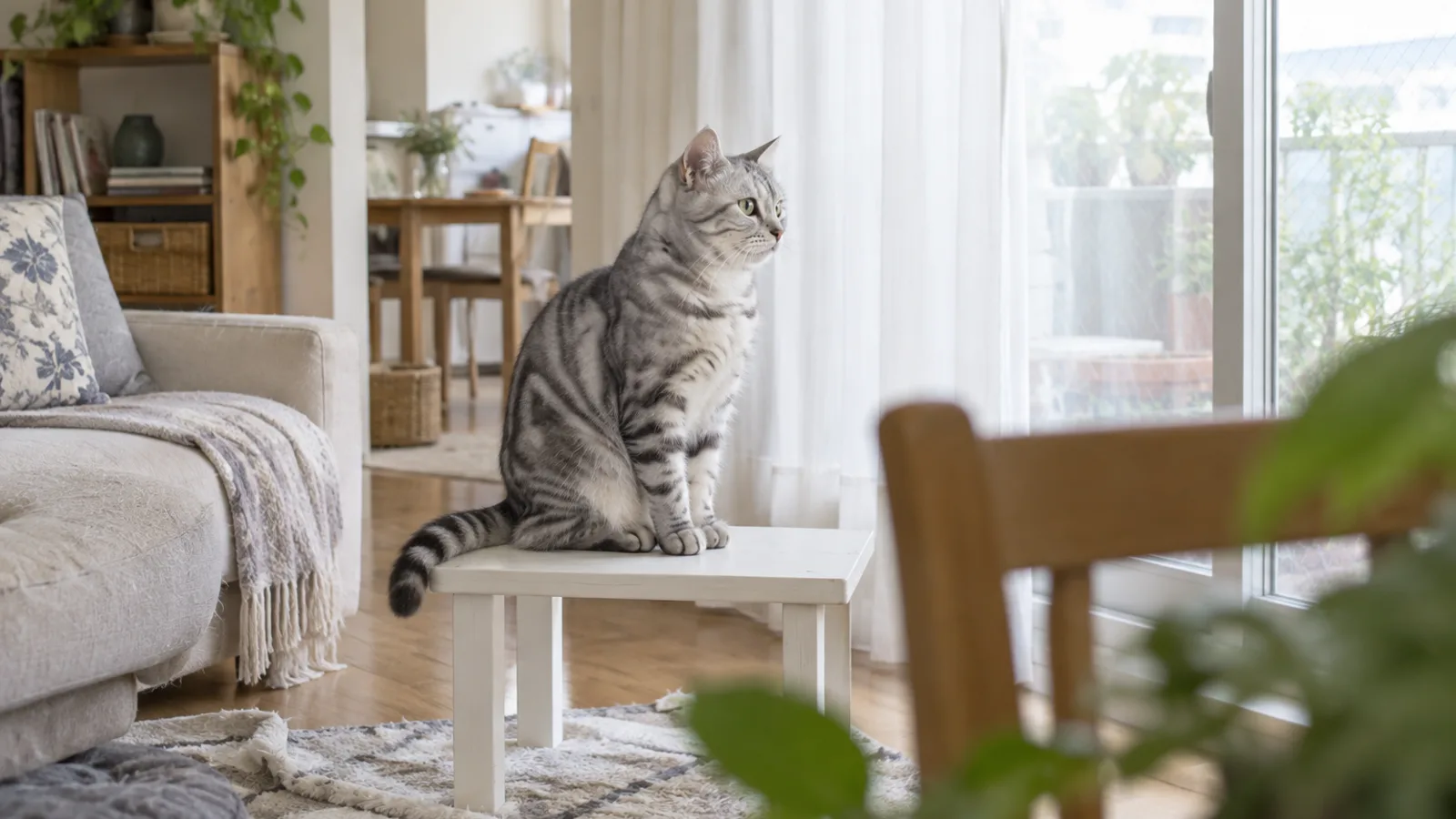 明るい部屋の窓辺の白い台に座る、淡い灰色の地に黒い縞が入った猫