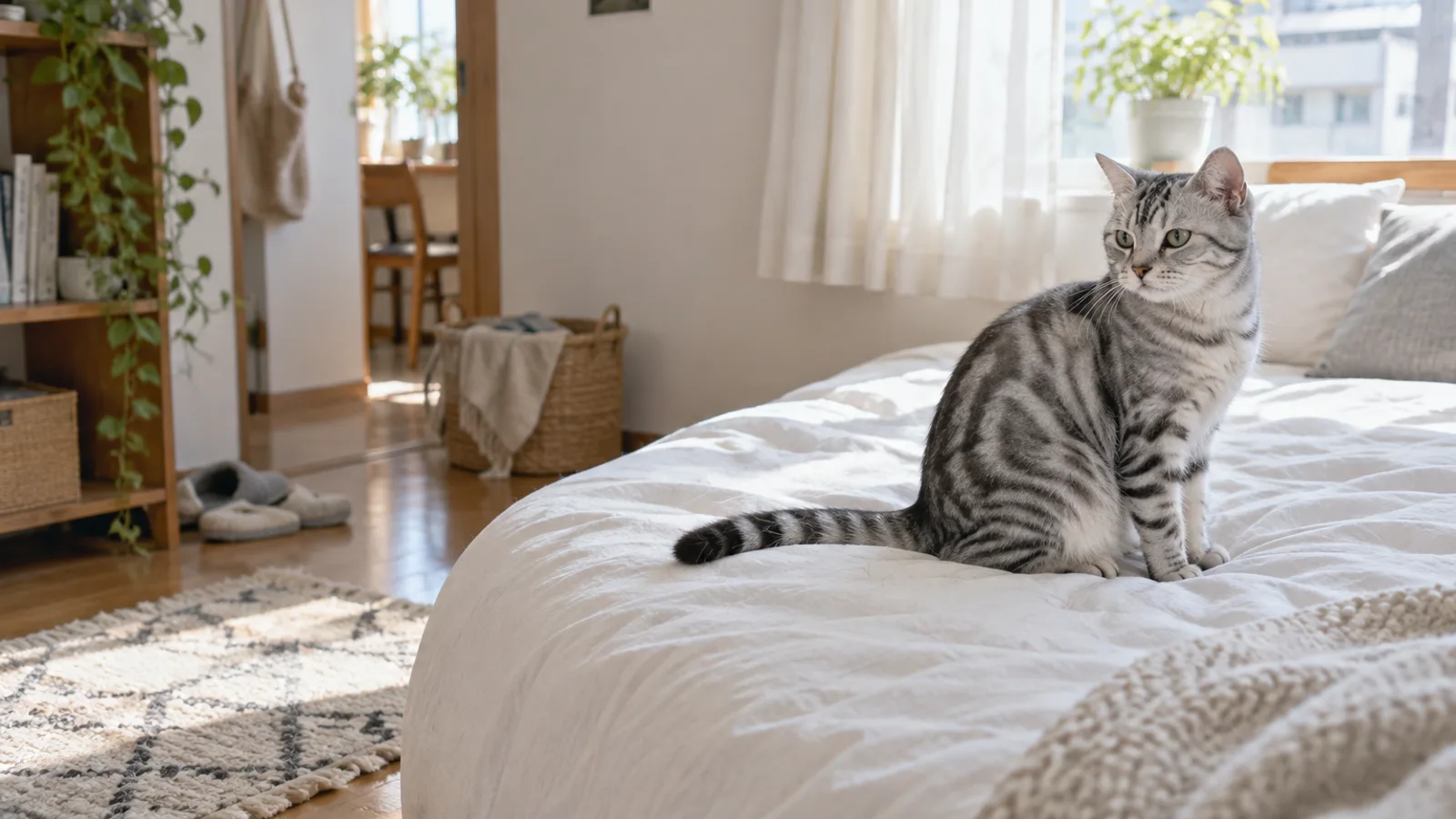 明るい寝室のベッドで横向きに座る、淡い灰色の地に細い黒の縞が並んだ猫