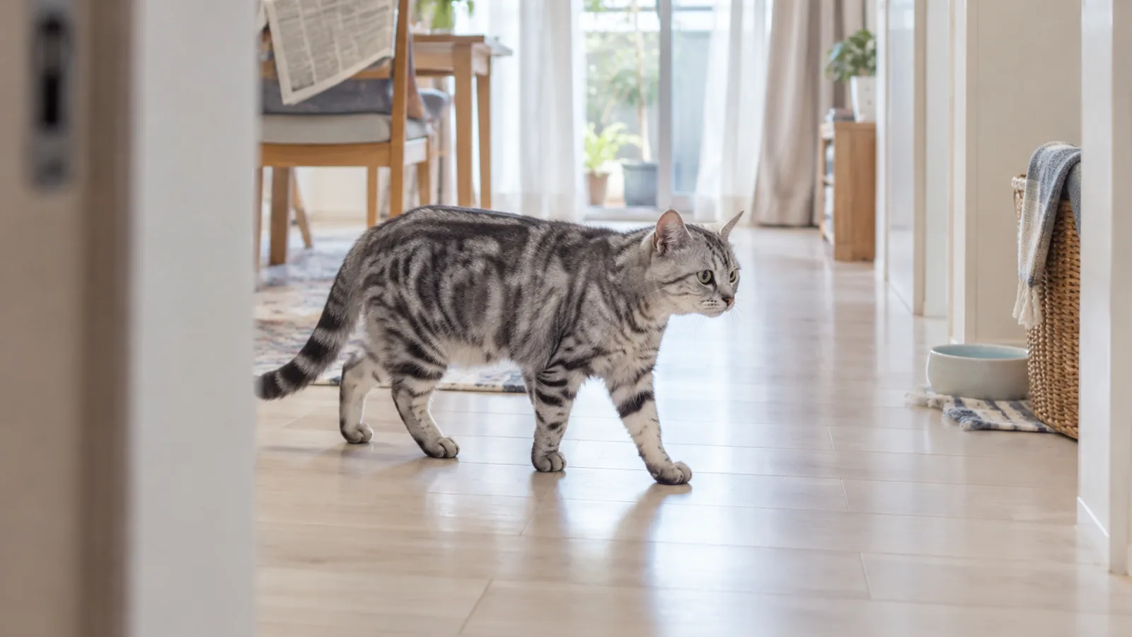 明るい廊下の木の床を横向きに歩く、淡い灰色の地に黒い縞が入った猫