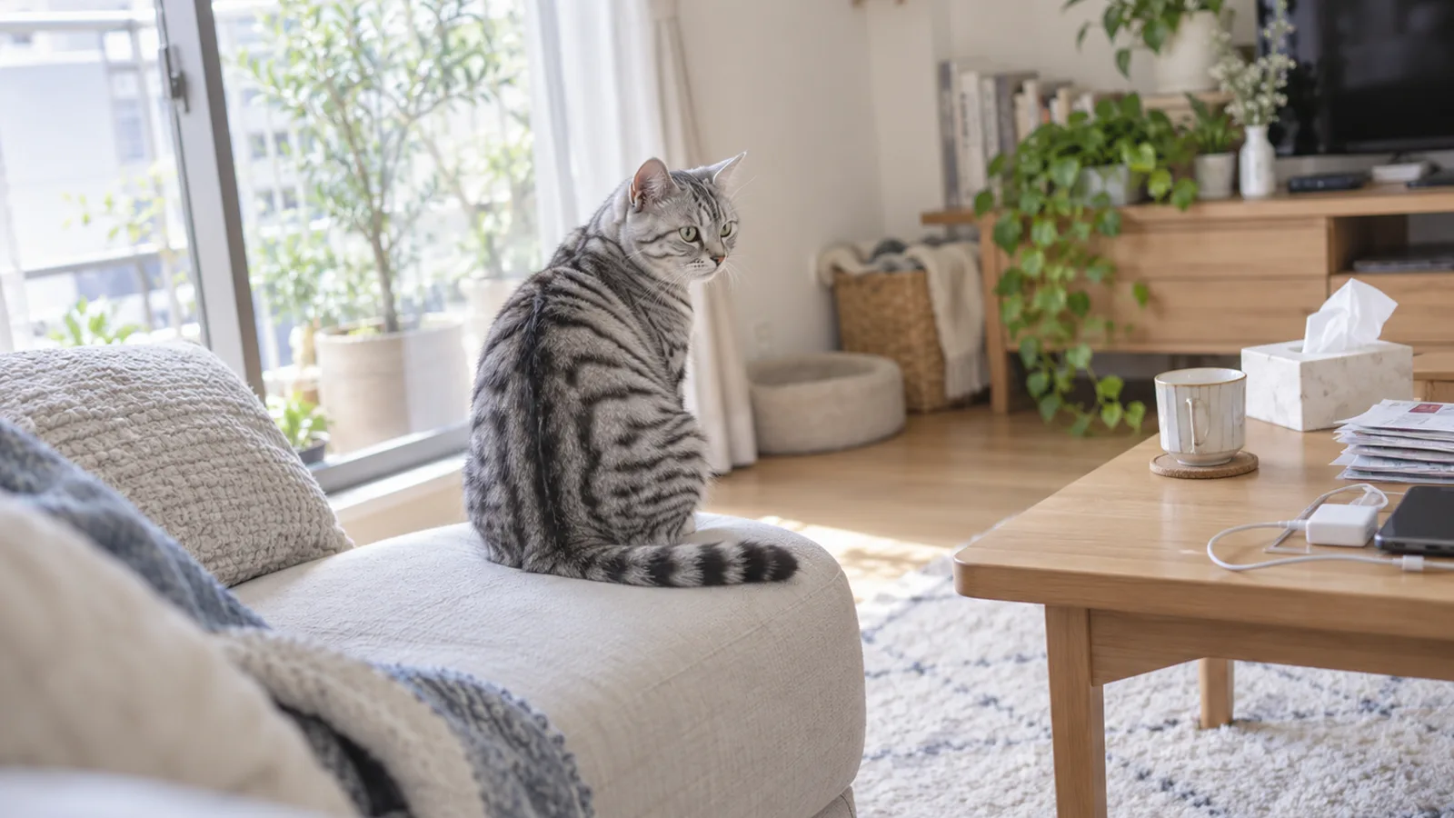 明るいソファの端に座る、淡い灰色の地に黒い縞が入った猫。毛なみに光が当たっている