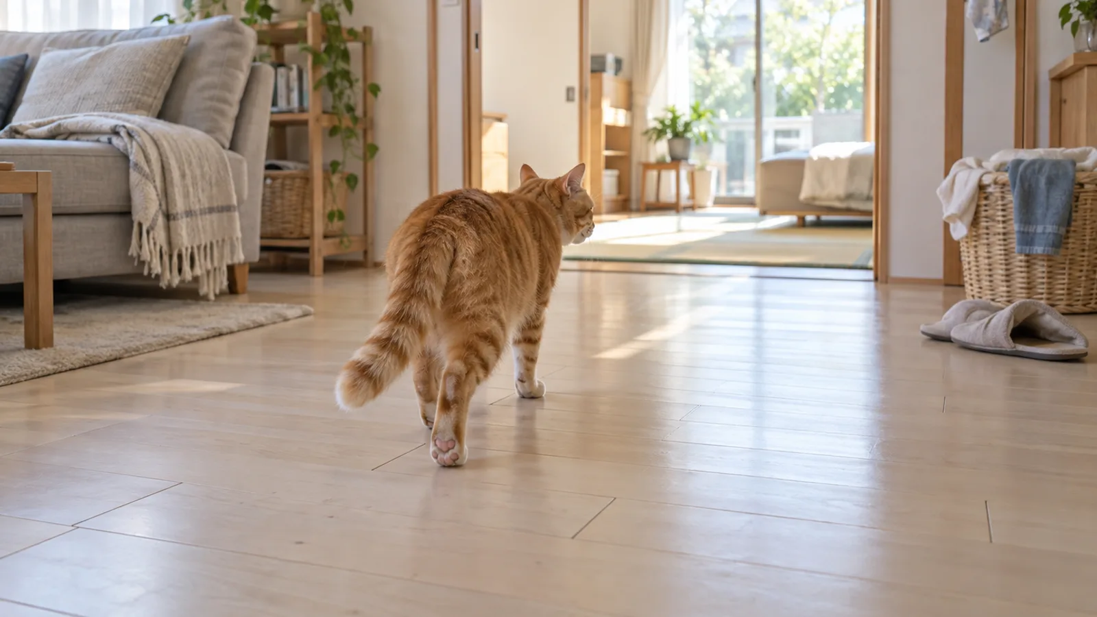 明るい部屋の木の床を、後ろ足を持ち上げて遠ざかる茶トラの猫。持ち上げた足の裏の桃色の肉球が少し見える