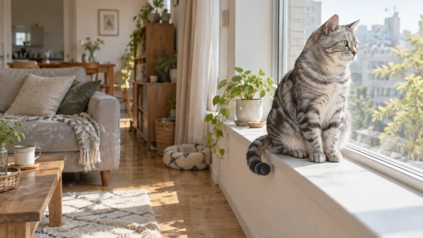 出窓の縁に前足をそろえて座り、窓の外を見るシルバークラシックタビーの猫。両方の前足の足先が見える